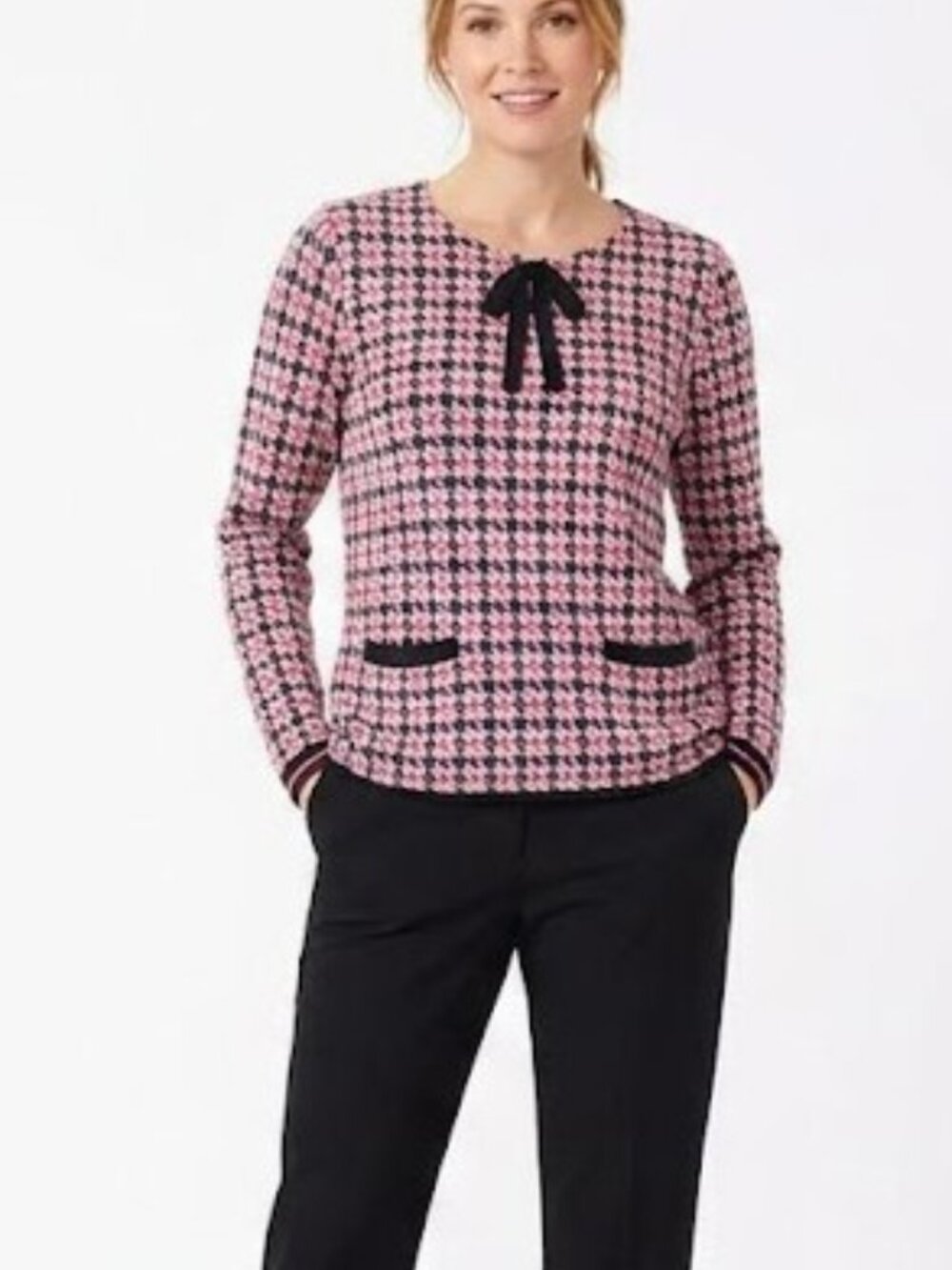 Olsen Houndstooth Sweater with Bow Tie Detail